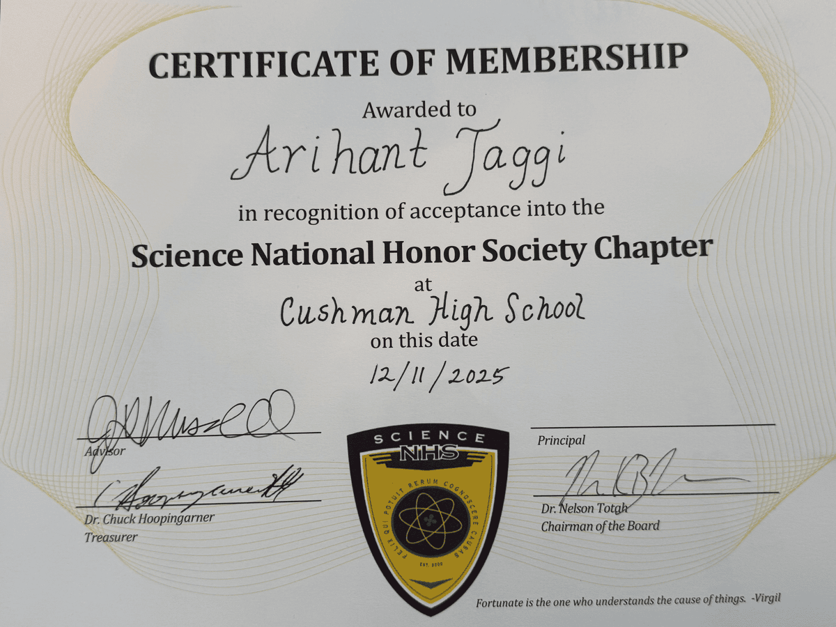 Science National Honor Society — Certificate of Membership