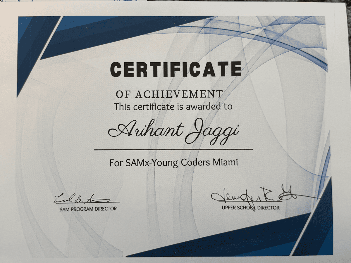 Certificate of Achievement — SAMx Young Coders Miami
