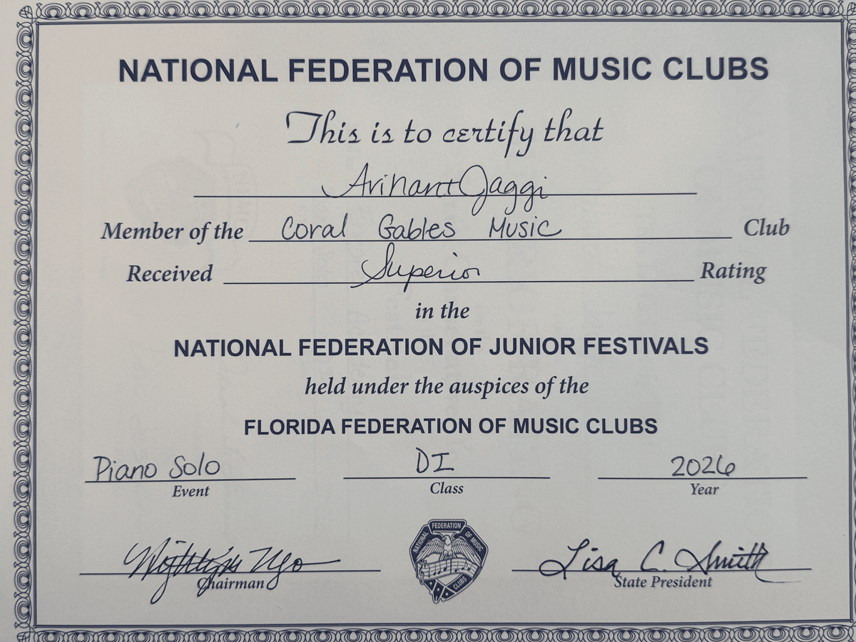 Junior Festivals — Superior Rating, Piano Solo (Class D I)