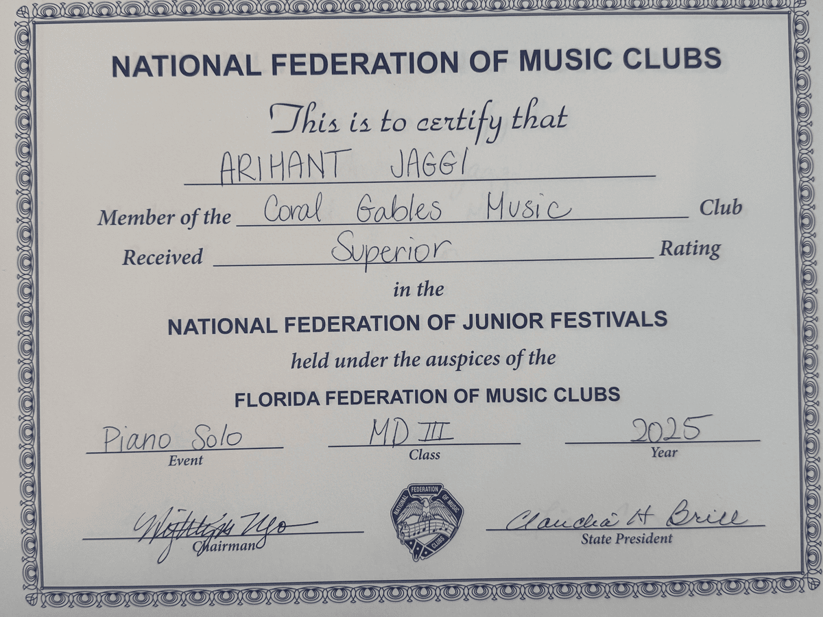 Junior Festivals — Superior Rating, Piano Solo (Class MD II)