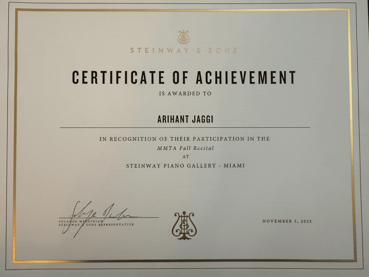Certificate of Achievement — MMTA Fall Recital