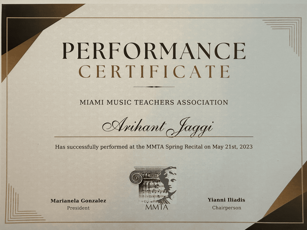 Performance Certificate — MMTA Spring Recital